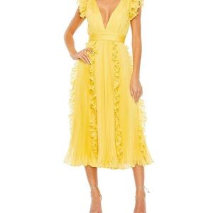 Pleated Chiffon Deep V-Neck Flutter Sleeve Ruffle Midi Dress